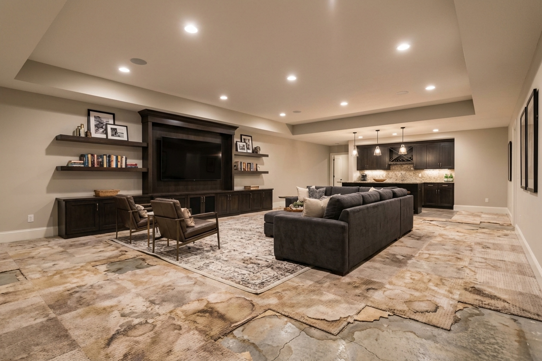 Finished basement with bare concrete floor needing waterproofing and coating