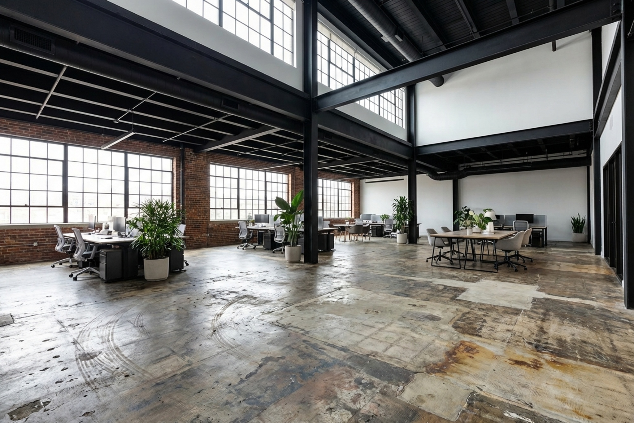 Industrial loft warehouse with worn concrete floor requiring commercial coating