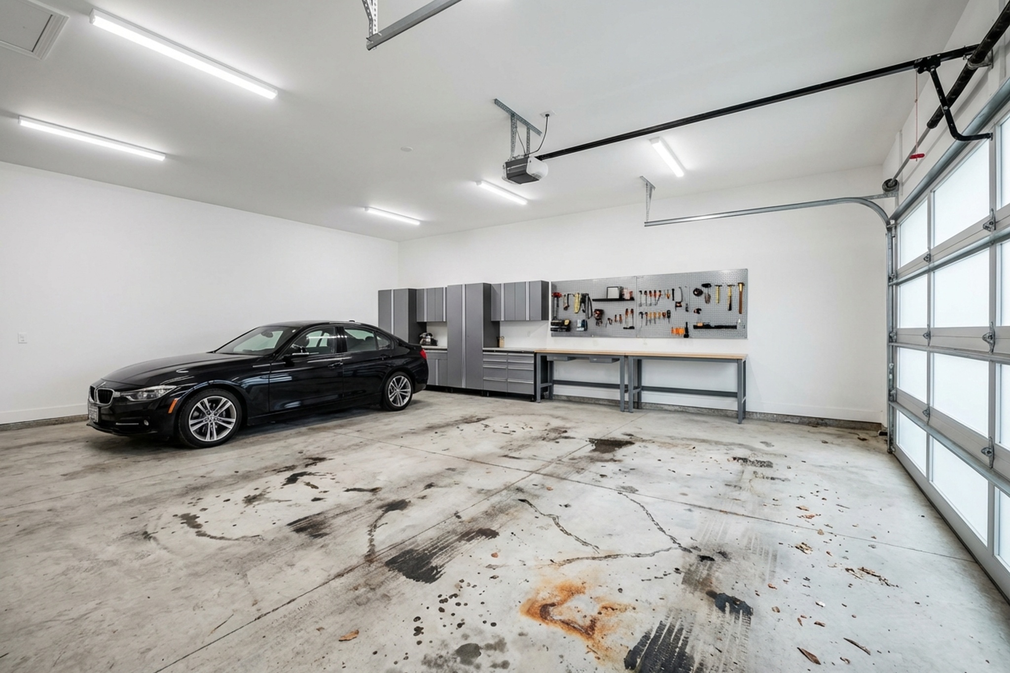 Bare concrete garage floor before coating
