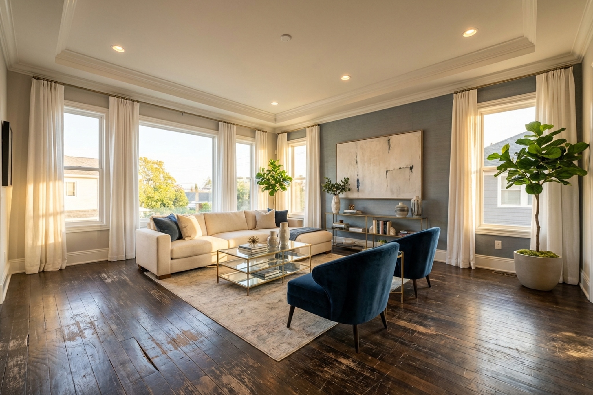 Upscale residential living room ready for flooring renovation visualization