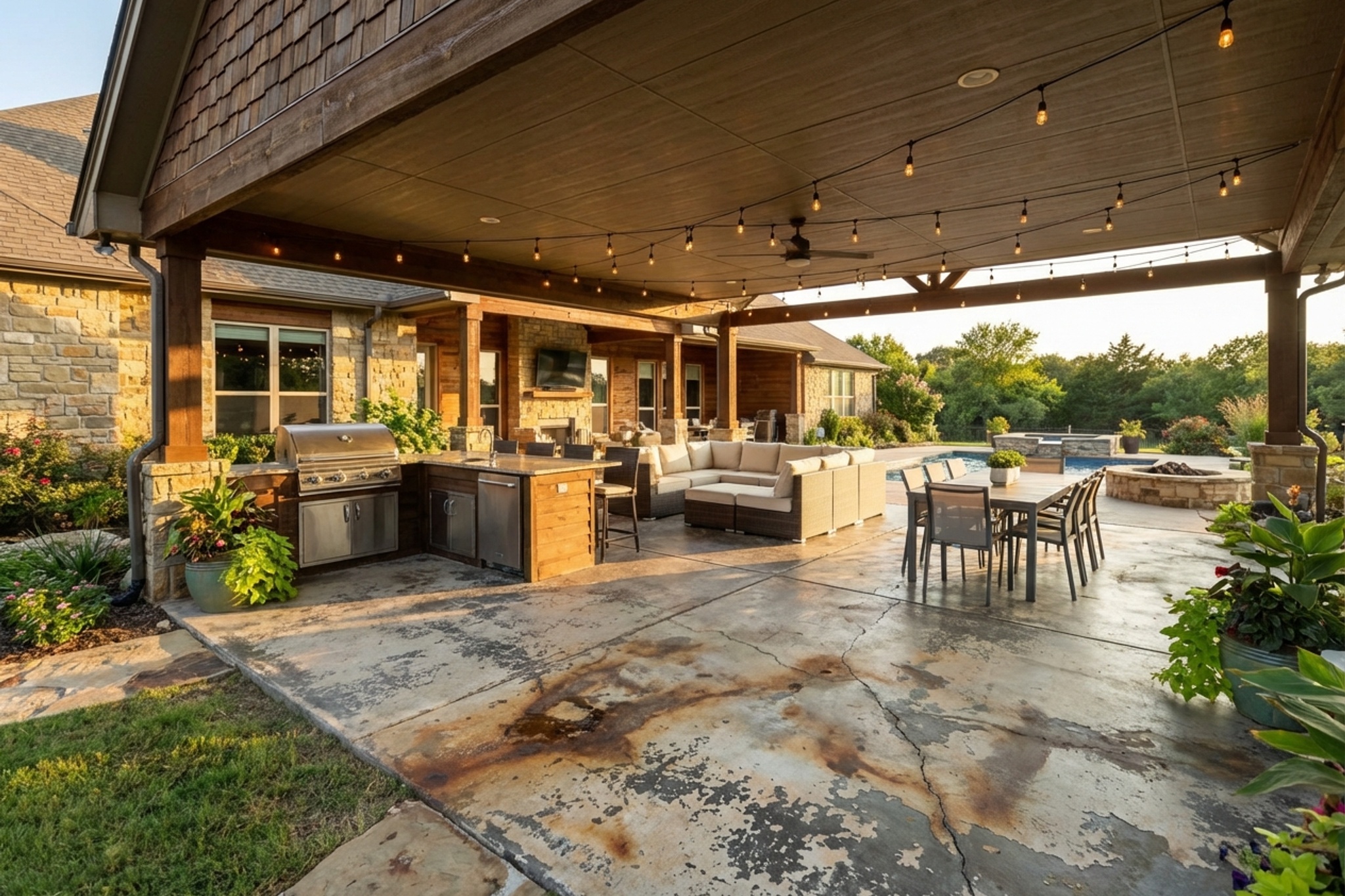 Luxury backyard patio with outdoor kitchen and worn concrete ready for coating
