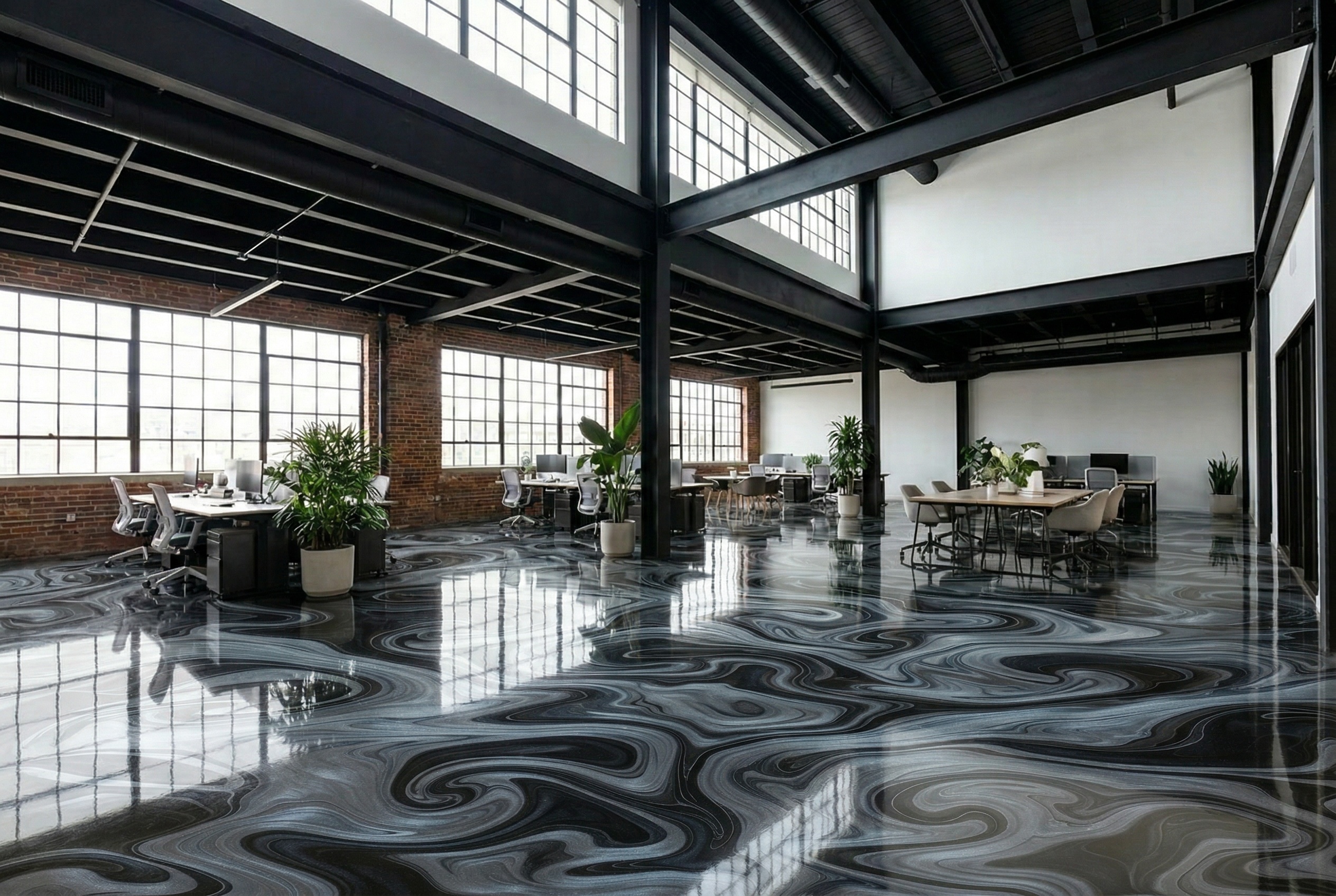 Commercial floor visualization with Resinwerks Gunmetal metallic finish