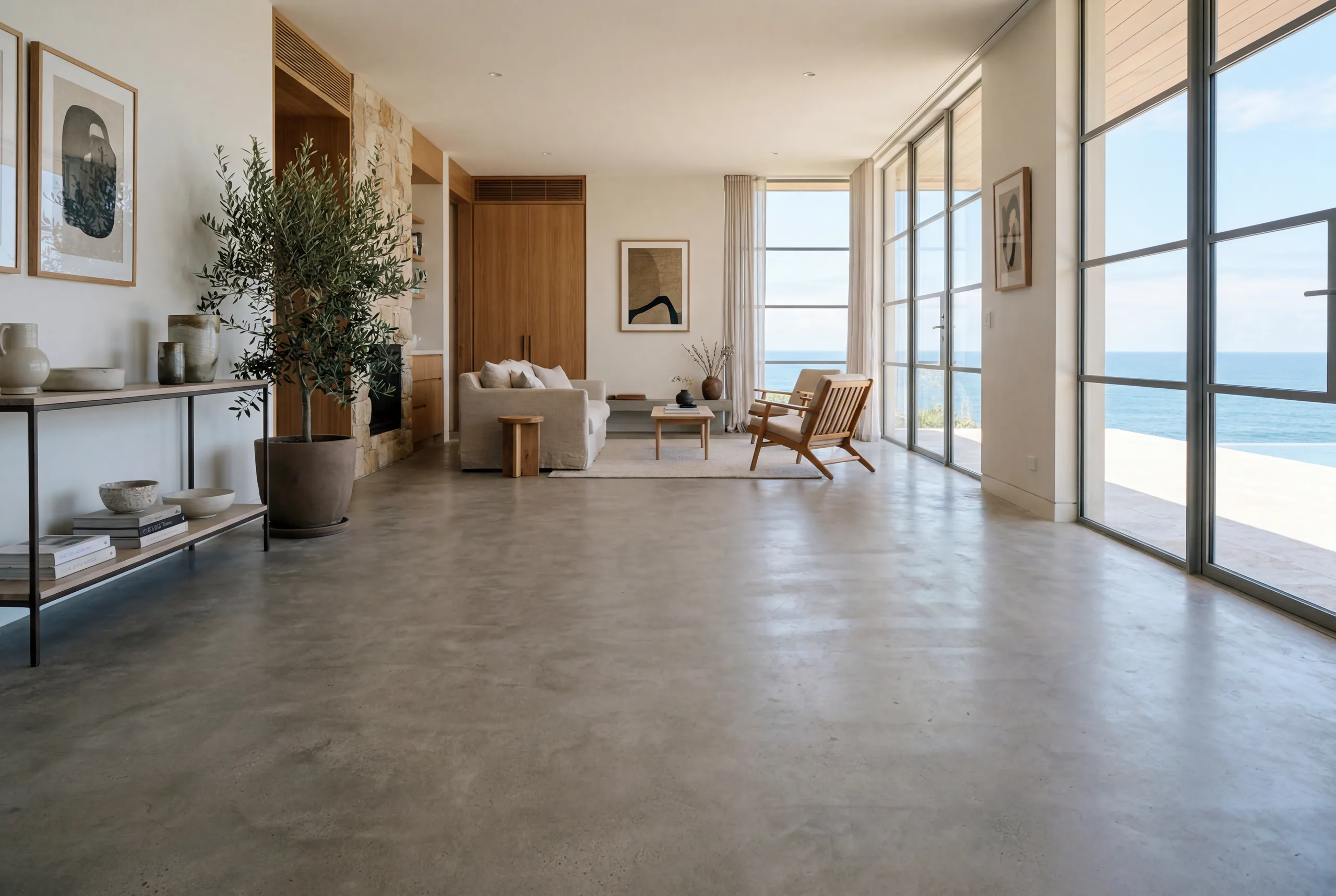 A luxury coastal living room with bare concrete subfloor, before
