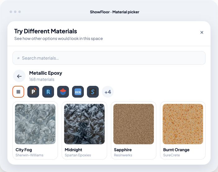 ShowFloor material picker with search, manufacturer filters, and metallic epoxy options