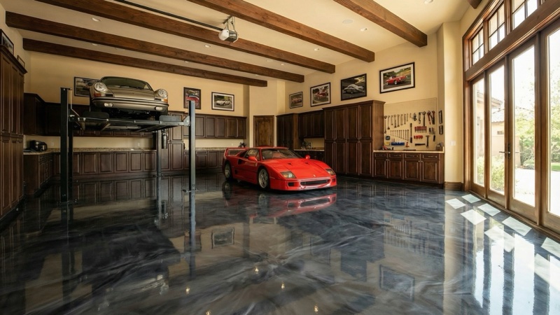Luxury garage with silver metallic epoxy floor — ShowFloor visualization