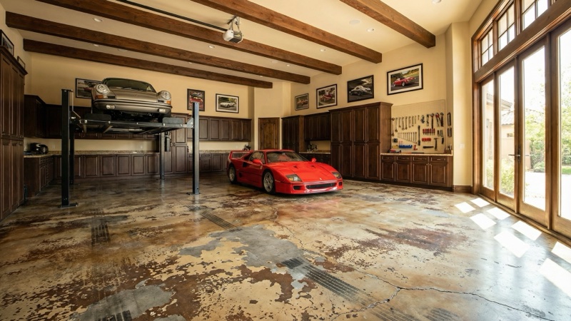 Luxury garage with Ferrari — before floor transformation