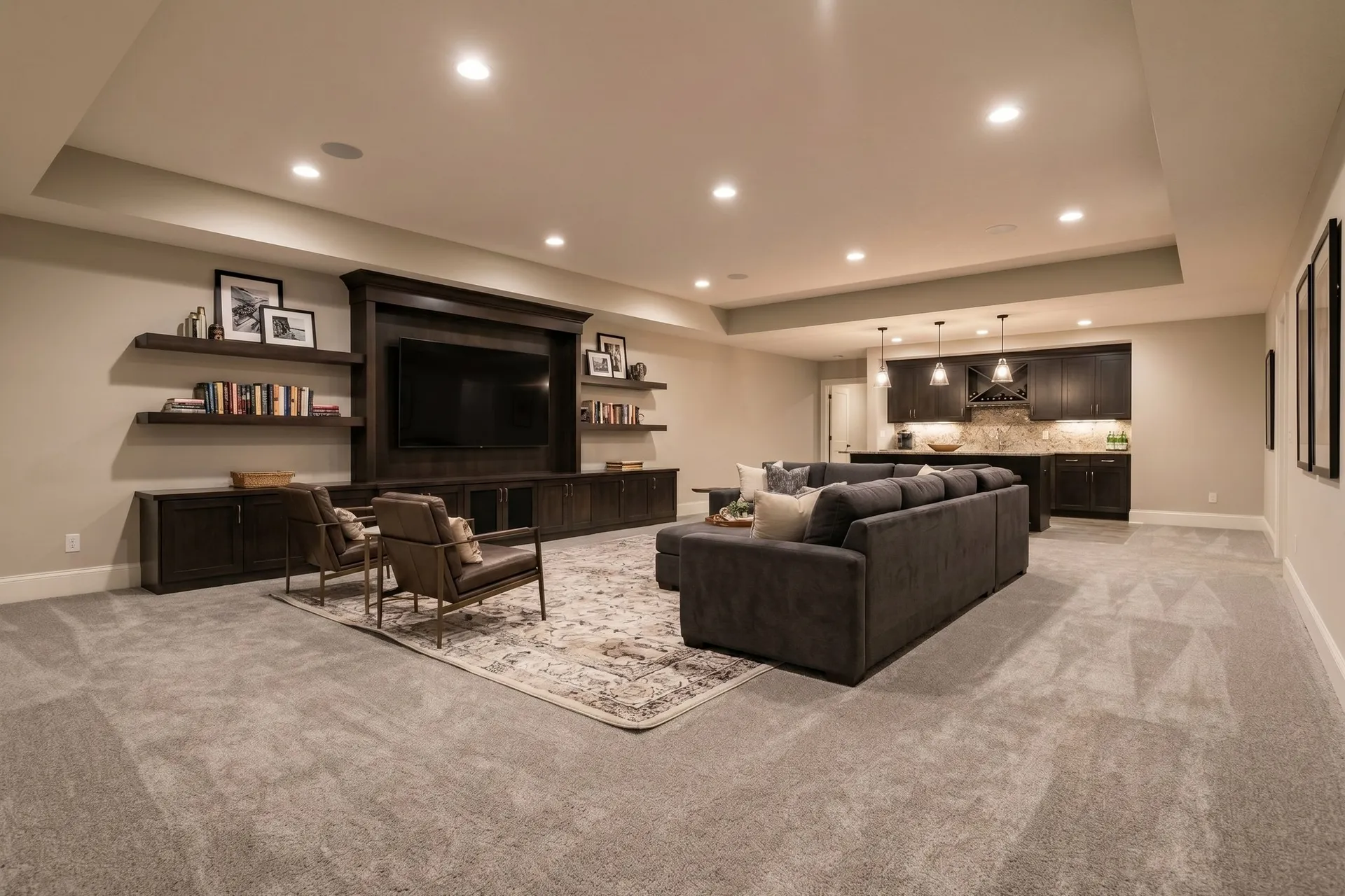 Basement family room previewed in warm greige textured broadloom carpet