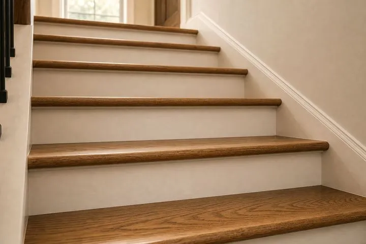 Staircase with worn gray carpet before replacement
