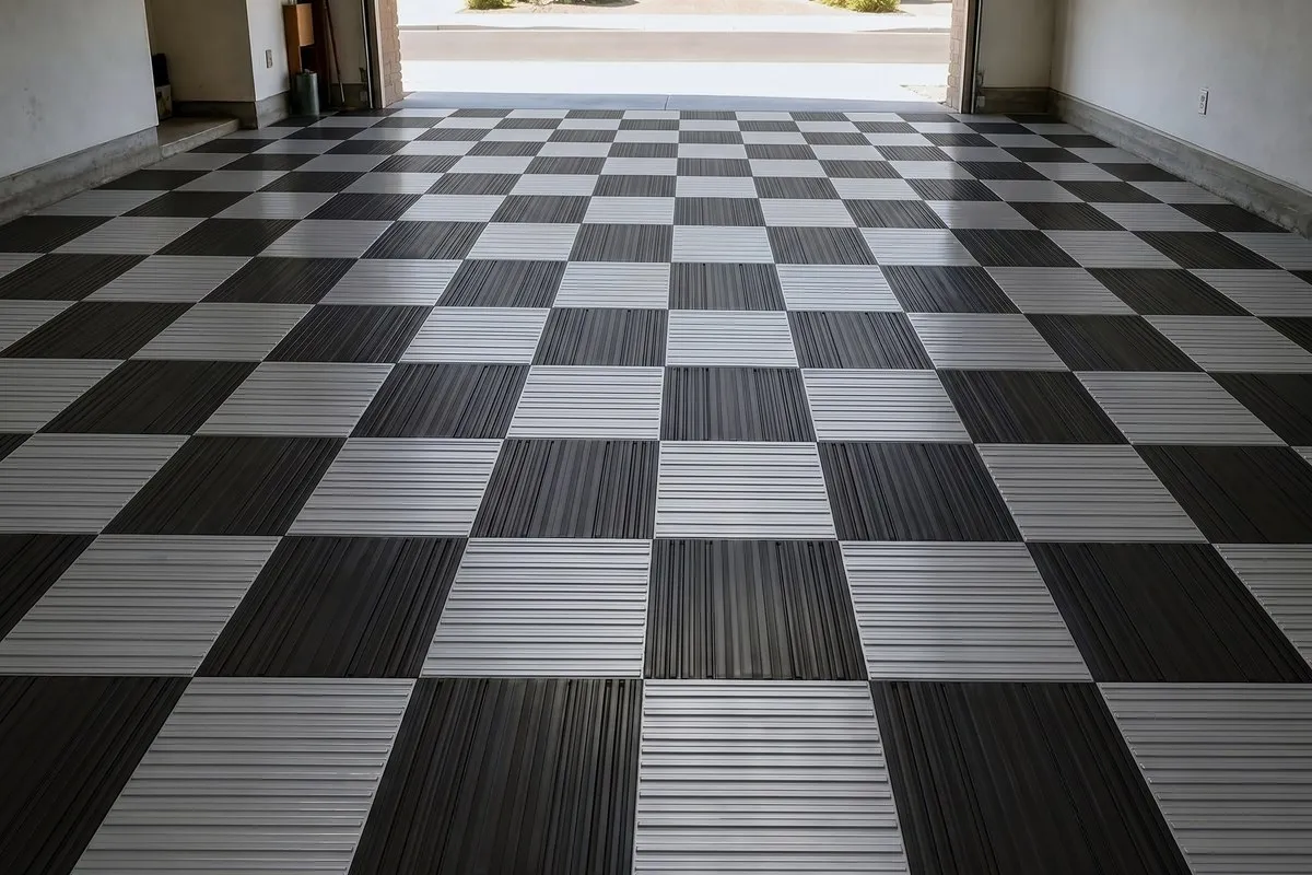 Black and silver checkerboard garage tile previewed on a real customer garage photo