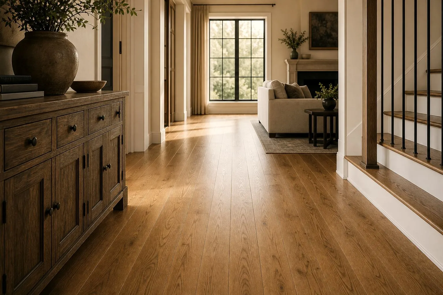 Golden oak hardwood floor in a living room before refinishing