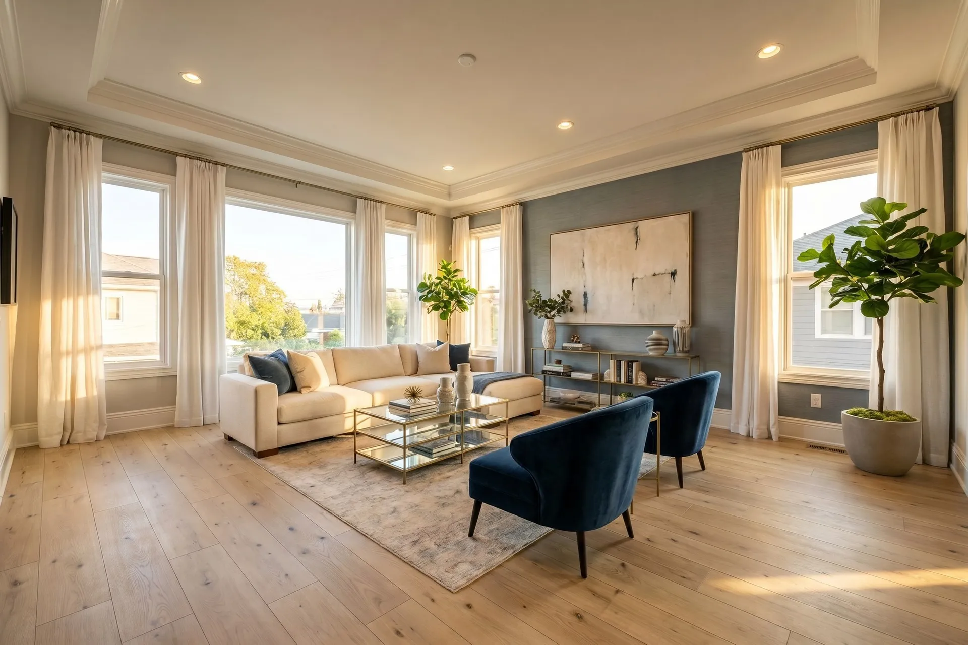 Living room visualized with Oyster Oak flooring inside a contractor website