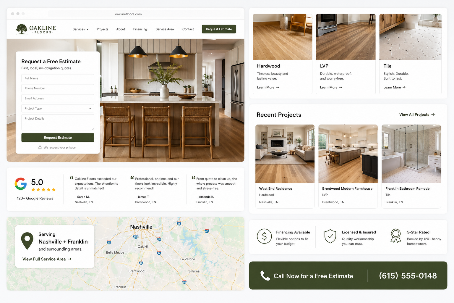 Detailed flooring contractor website sections including quote form, services, projects, reviews, service area, and call bar