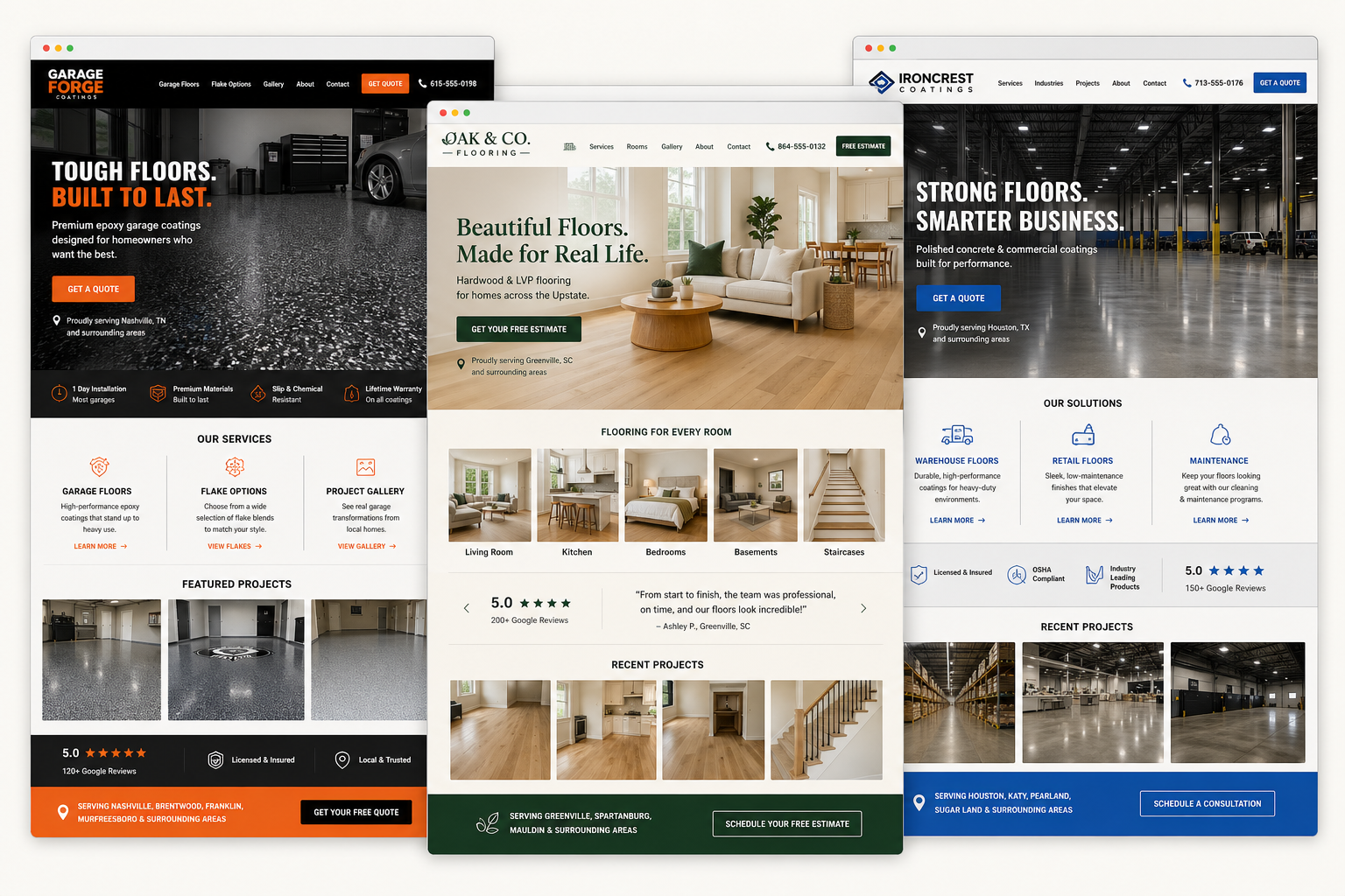 Three example flooring contractor website concepts for coatings, hardwood, and concrete