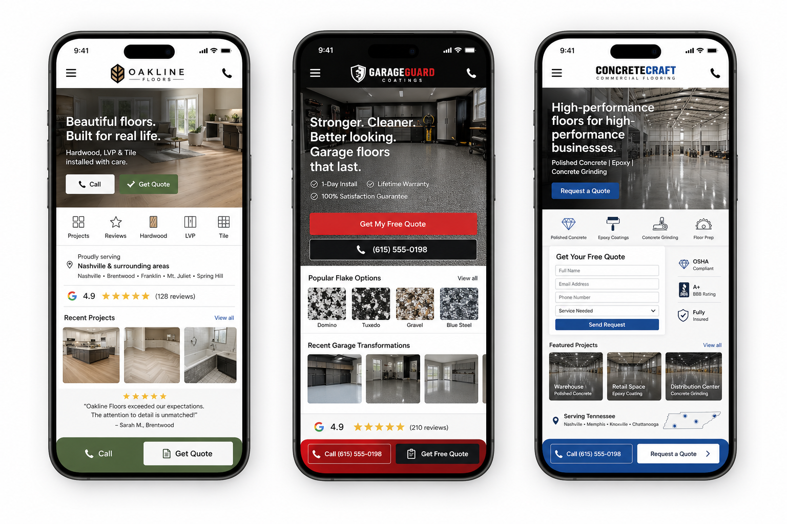 Three mobile flooring contractor website examples for residential floors, garage coatings, and commercial concrete